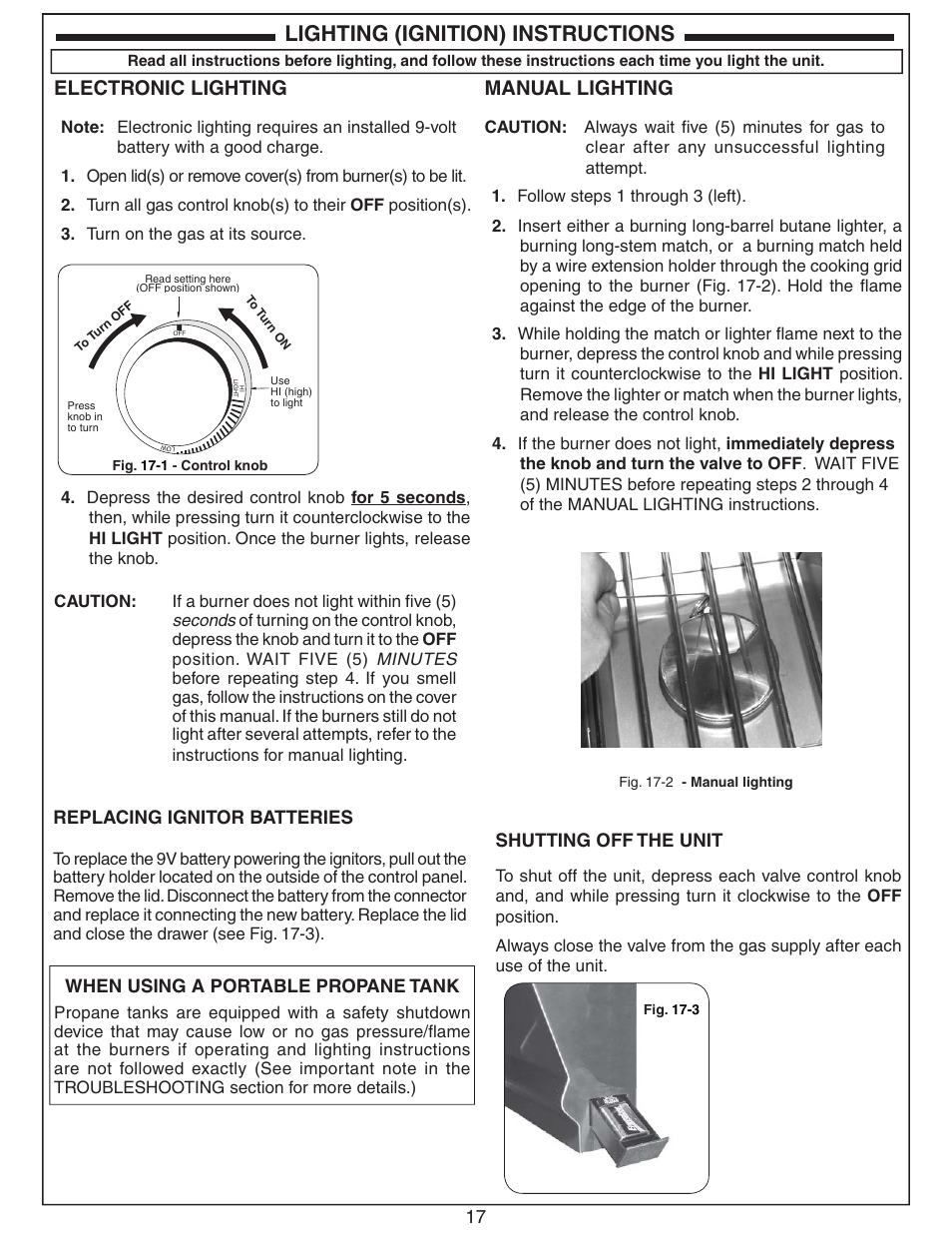 Lighting (ignition) instructions, Electronic lighting, Manual lighting | 17 shutting off the unit, When using a portable propane tank, Replacing ignitor batteries | Fire Magic Aurora Single Sideburner Slide-in 3279 Series User Manual | Page 17 / 22
