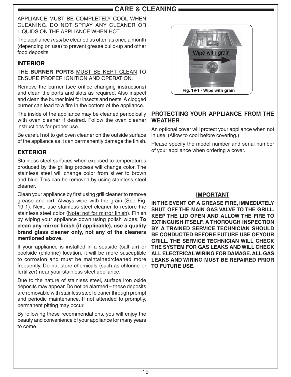 Care & cleaning | Fire Magic Aurora Single Sideburner Slide-in 3279 Series User Manual | Page 19 / 22