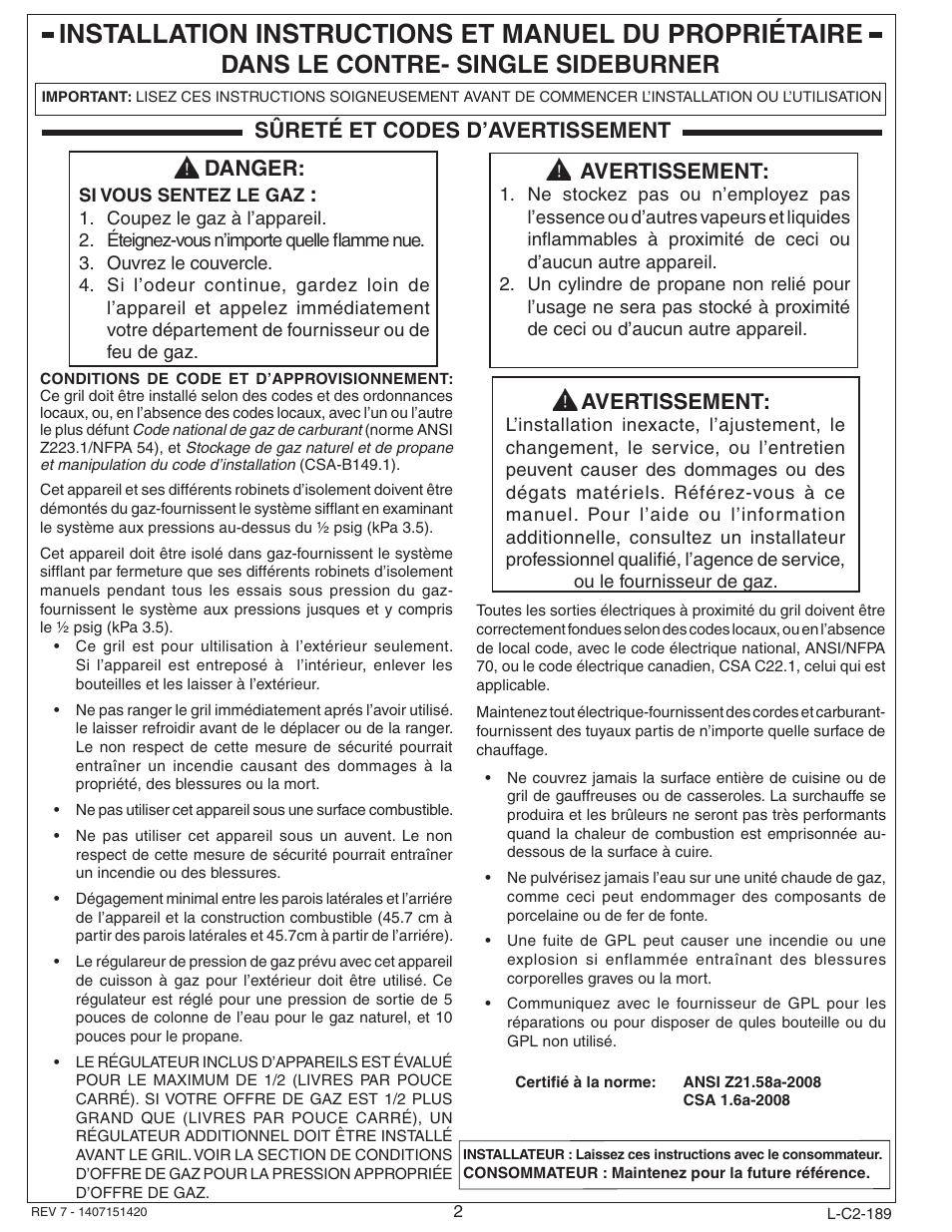 Dans le contre- single sideburner, Danger, Avertissement | Sûreté et codes d’avertissement | Fire Magic Aurora Single Sideburner Slide-in 3279 Series User Manual | Page 2 / 22
