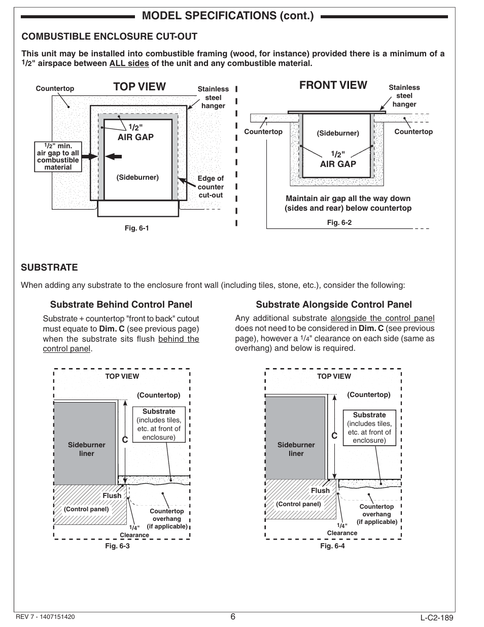 Model specifications (cont.), Top view front view, Substrate | Combustible enclosure cut-out | Fire Magic Aurora Single Sideburner Slide-in 3279 Series User Manual | Page 6 / 22
