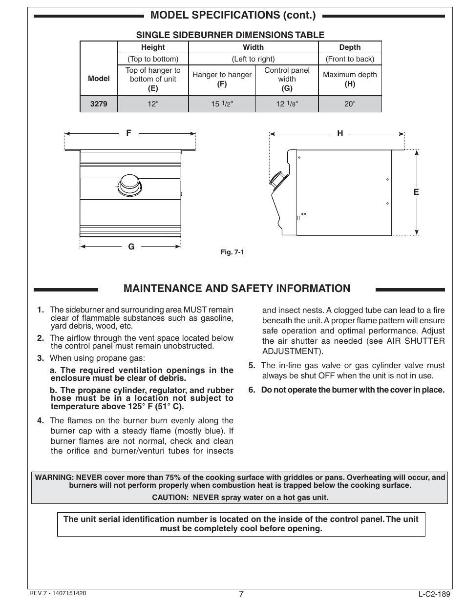 Model specifications (cont.), Maintenance and safety information | Fire Magic Aurora Single Sideburner Slide-in 3279 Series User Manual | Page 7 / 22