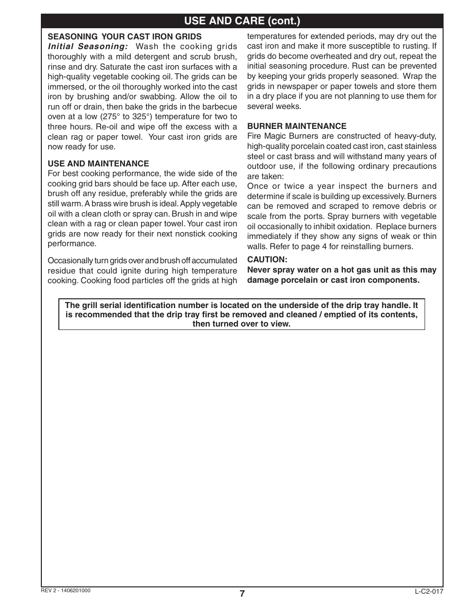 Use and care (cont.) | Fire Magic Deluxe Classic Series 42,000 BTU User Manual | Page 7 / 10