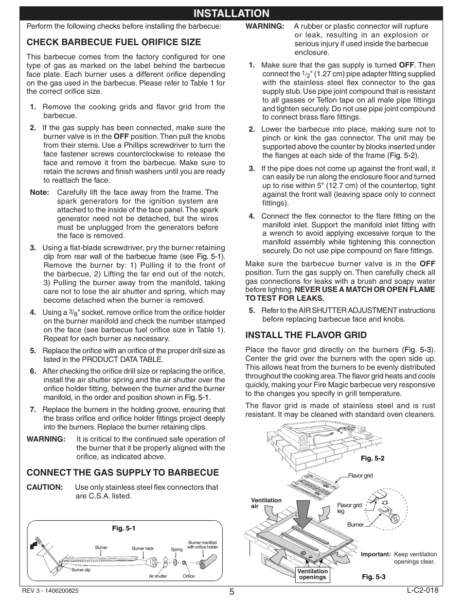 Installation, Check barbecue fuel orifice size, Connect the gas supply to barbecue | Install the flavor grid | Fire Magic Deluxe Drop In User Manual | Page 5 / 14