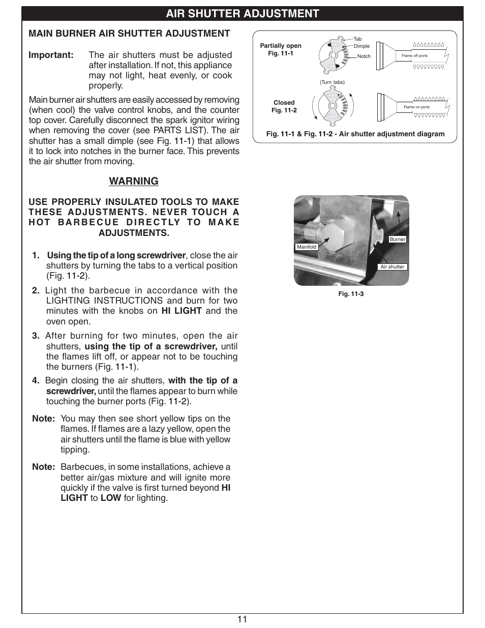 Air shutter adjustment, Warning | Fire Magic Deluxe Countertop User Manual | Page 11 / 18