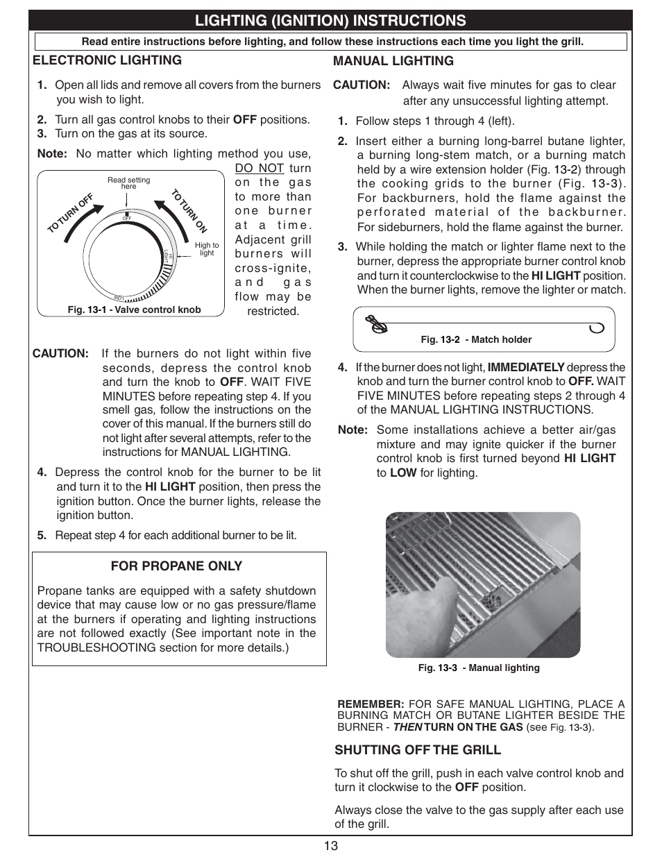 Lighting (ignition) instructions, 13 manual lighting, Electronic lighting | For propane only, Shutting off the grill | Fire Magic Deluxe Countertop User Manual | Page 13 / 18