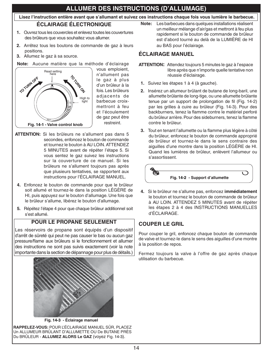 Allumer des instructions (d’allumage), 14 éclairage électronique, Pour le propane seulement | Éclairage manuel, Couper le gril | Fire Magic Deluxe Countertop User Manual | Page 14 / 18