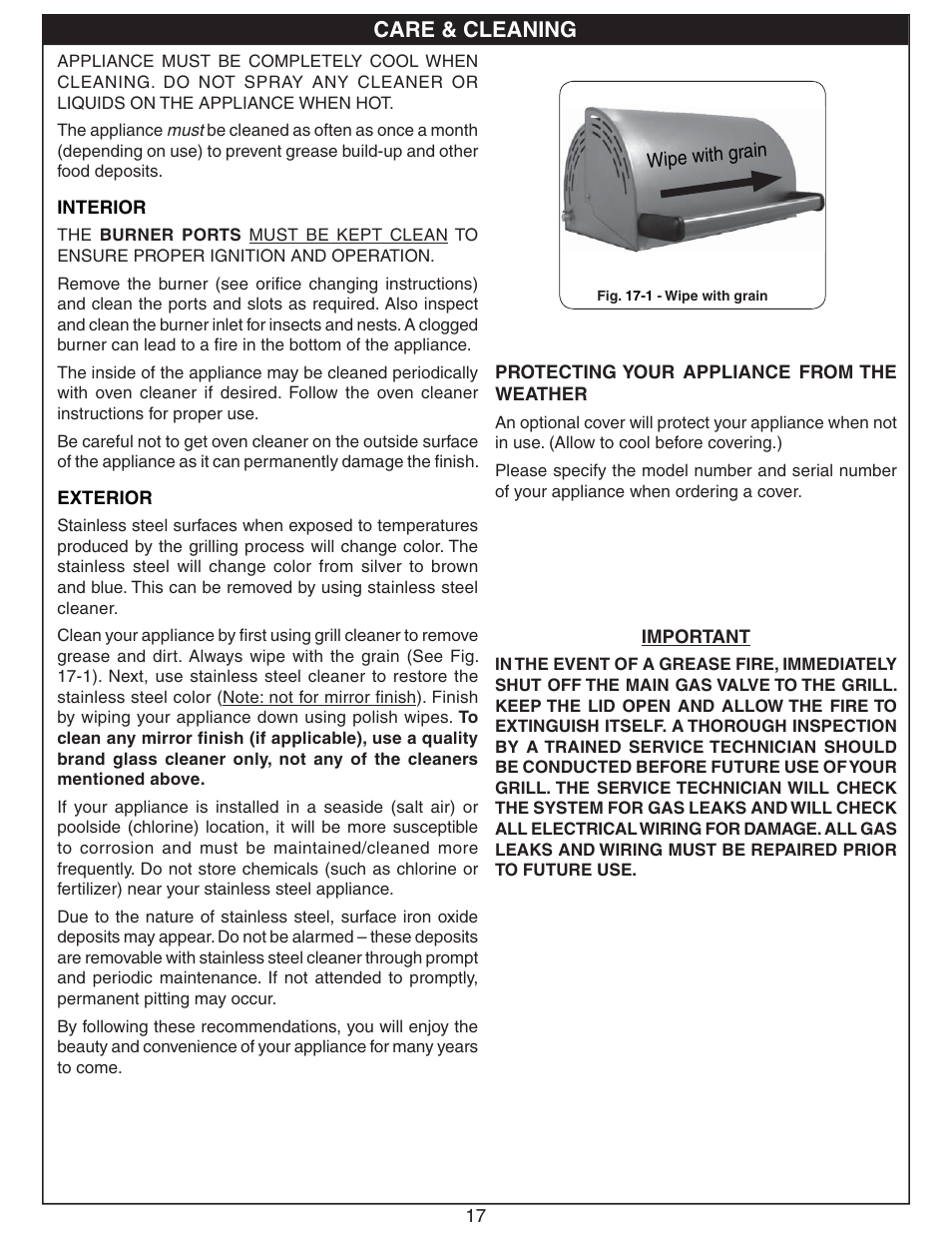 Care & cleaning | Fire Magic Deluxe Countertop User Manual | Page 17 / 18