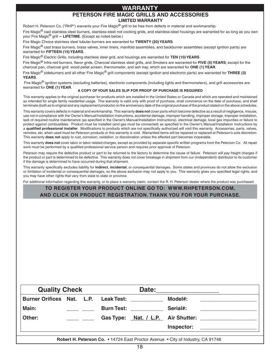 Quality check date, Warranty, Peterson fire magic grills and accessories | Fire Magic Deluxe Countertop User Manual | Page 18 / 18