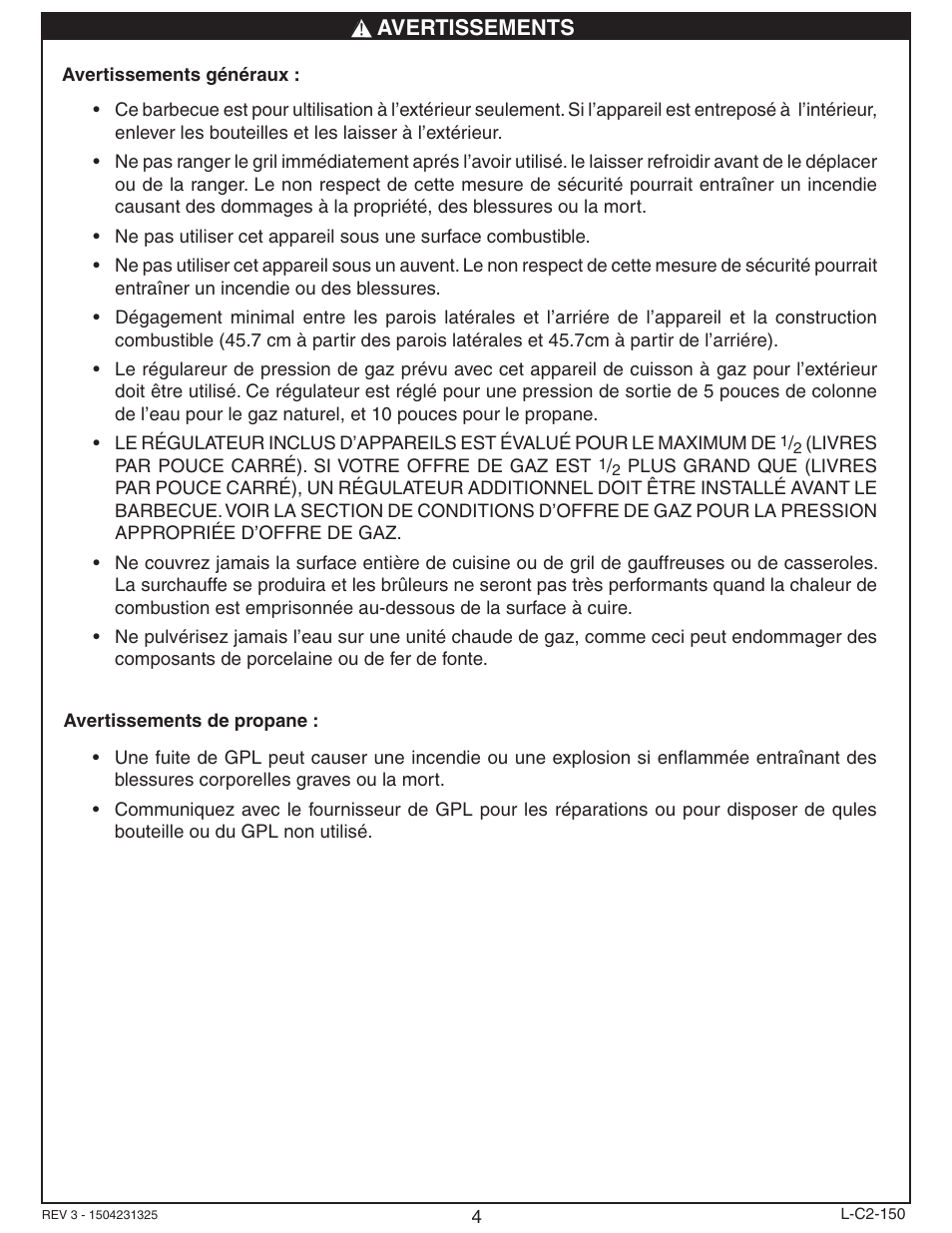 Avertissements | Fire Magic Deluxe Countertop User Manual | Page 4 / 18