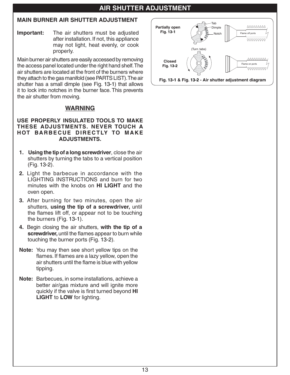 Air shutter adjustment, Warning | Fire Magic Deluxe Post Barbecue Patio Mount User Manual | Page 13 / 20
