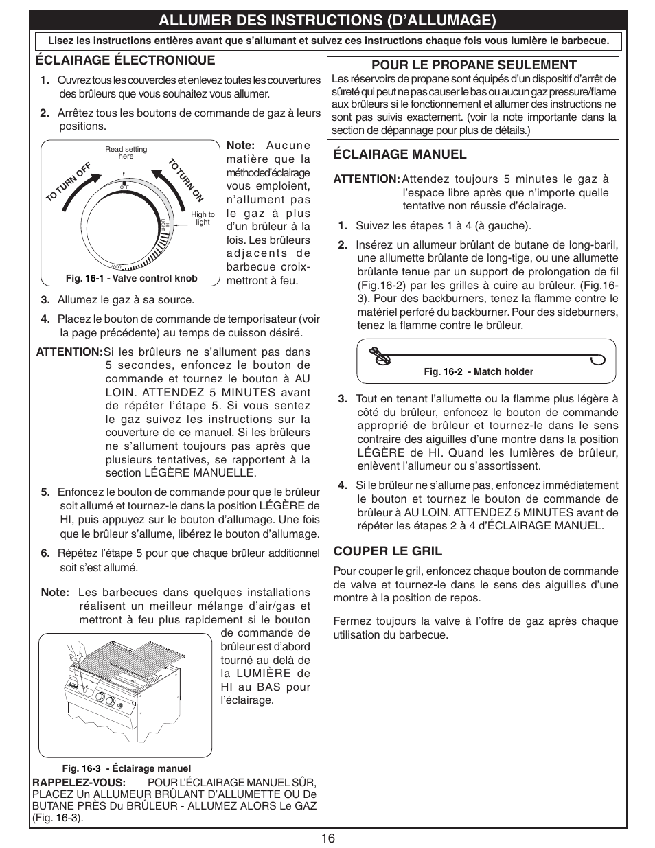 Allumer des instructions (d’allumage), 16 éclairage électronique, Éclairage manuel | Couper le gril, Pour le propane seulement | Fire Magic Deluxe Post Barbecue Patio Mount User Manual | Page 16 / 20