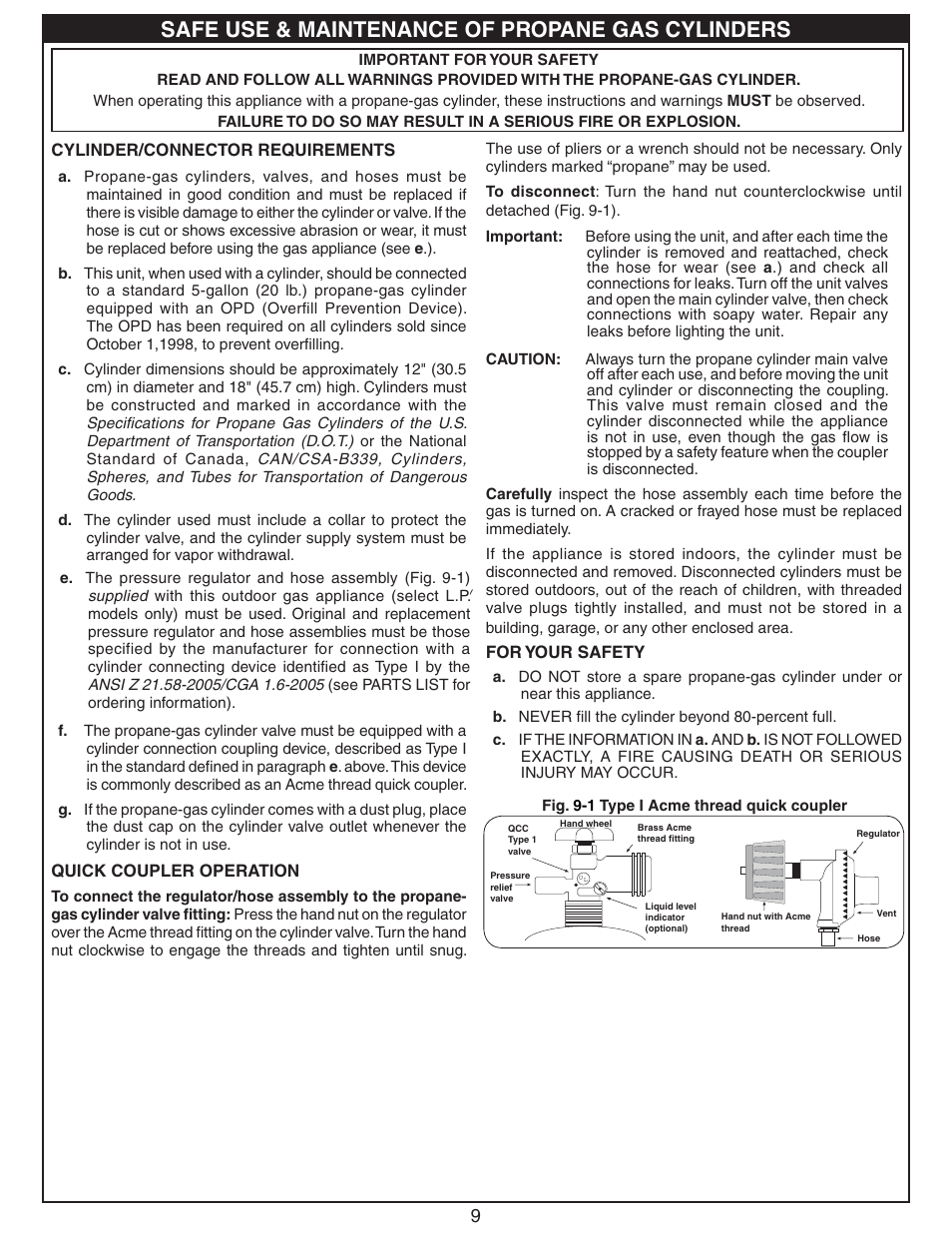 Safe use & maintenance of propane gas cylinders | Fire Magic Deluxe Post Barbecue Patio Mount User Manual | Page 9 / 20