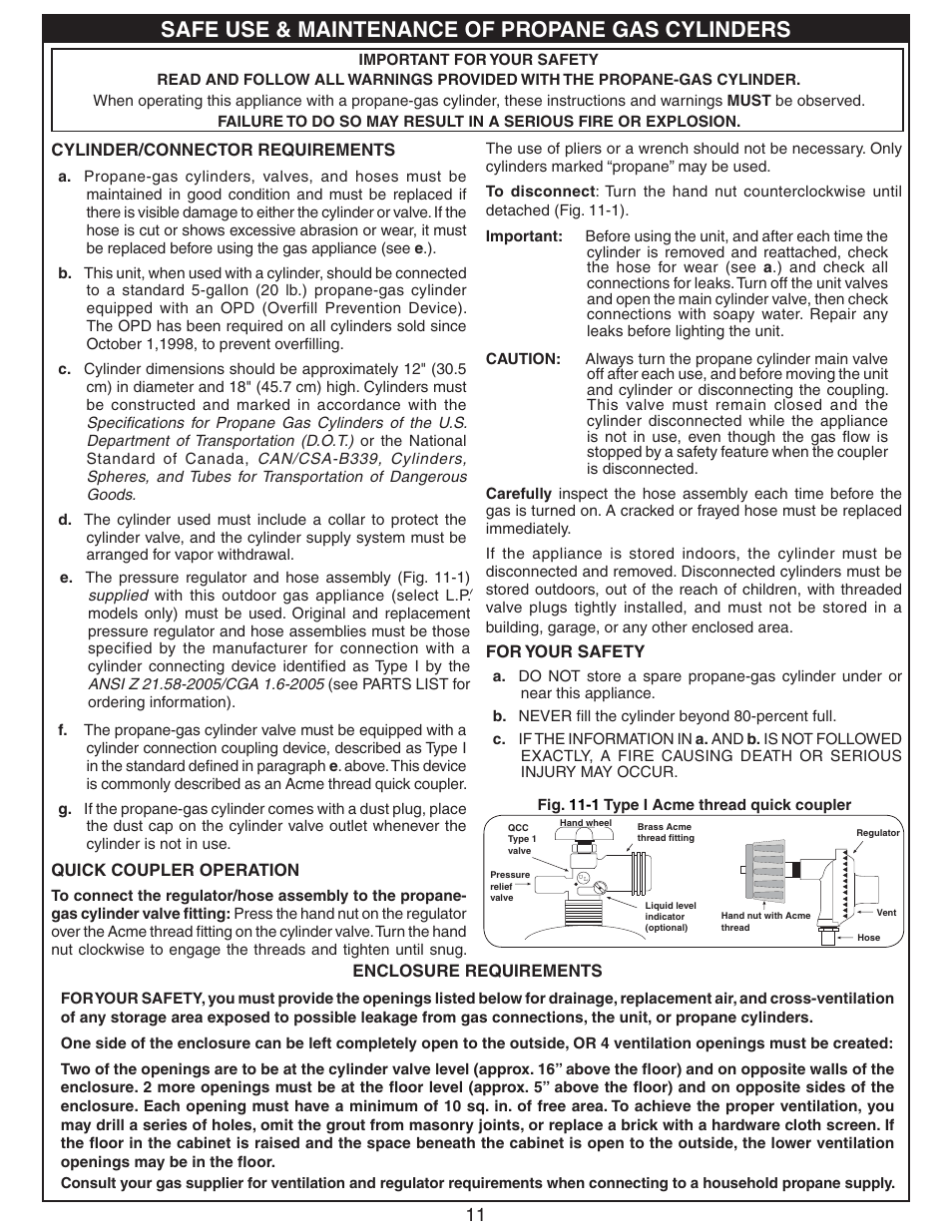Safe use & maintenance of propane gas cylinders | Fire Magic Deluxe Gourmet Unibody Slide-In 11 Series User Manual | Page 11 / 20
