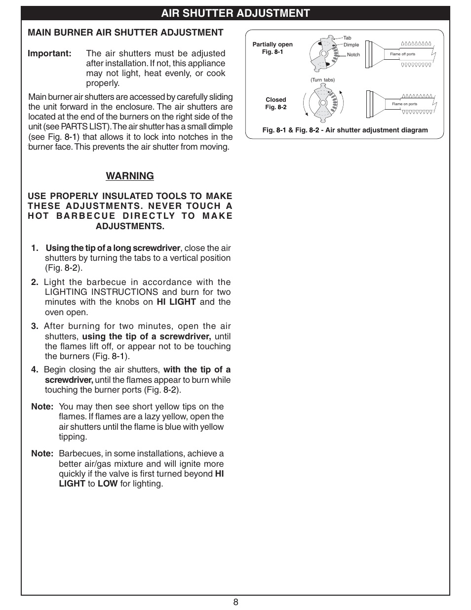 Air shutter adjustment, Warning | Fire Magic Deluxe Gourmet Unibody Slide-In 11 Series User Manual | Page 8 / 20