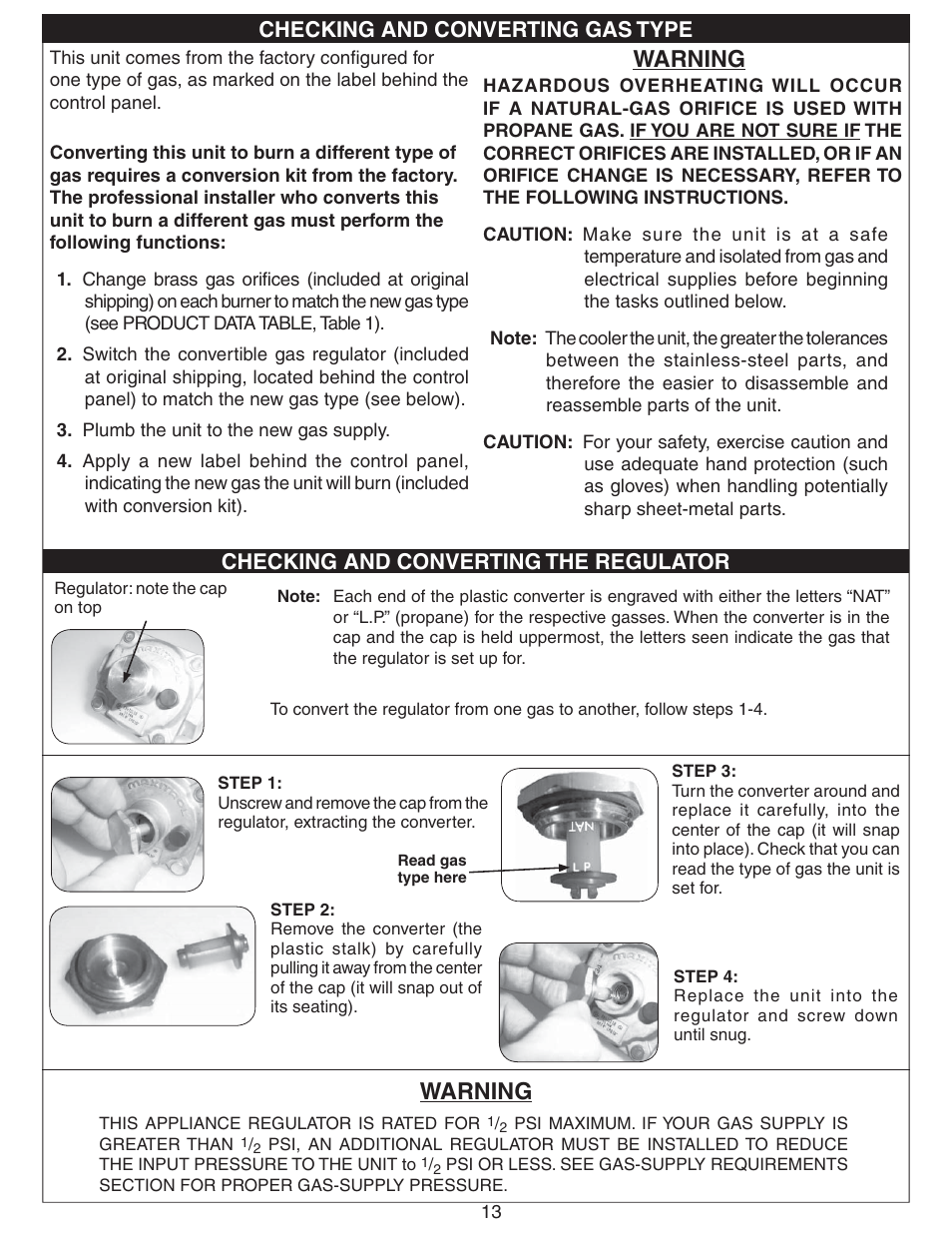 Warning, Checking and converting gas type, Checking and converting the regulator | Fire Magic Gourmet Power Burner Slide-In User Manual | Page 13 / 16