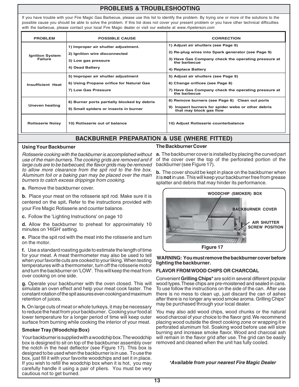 Backburner preparation & use (where fitted), Problems & troubleshooting | Fire Magic Custom Gourmet Unibody Series 12 & 13 User Manual | Page 13 / 16