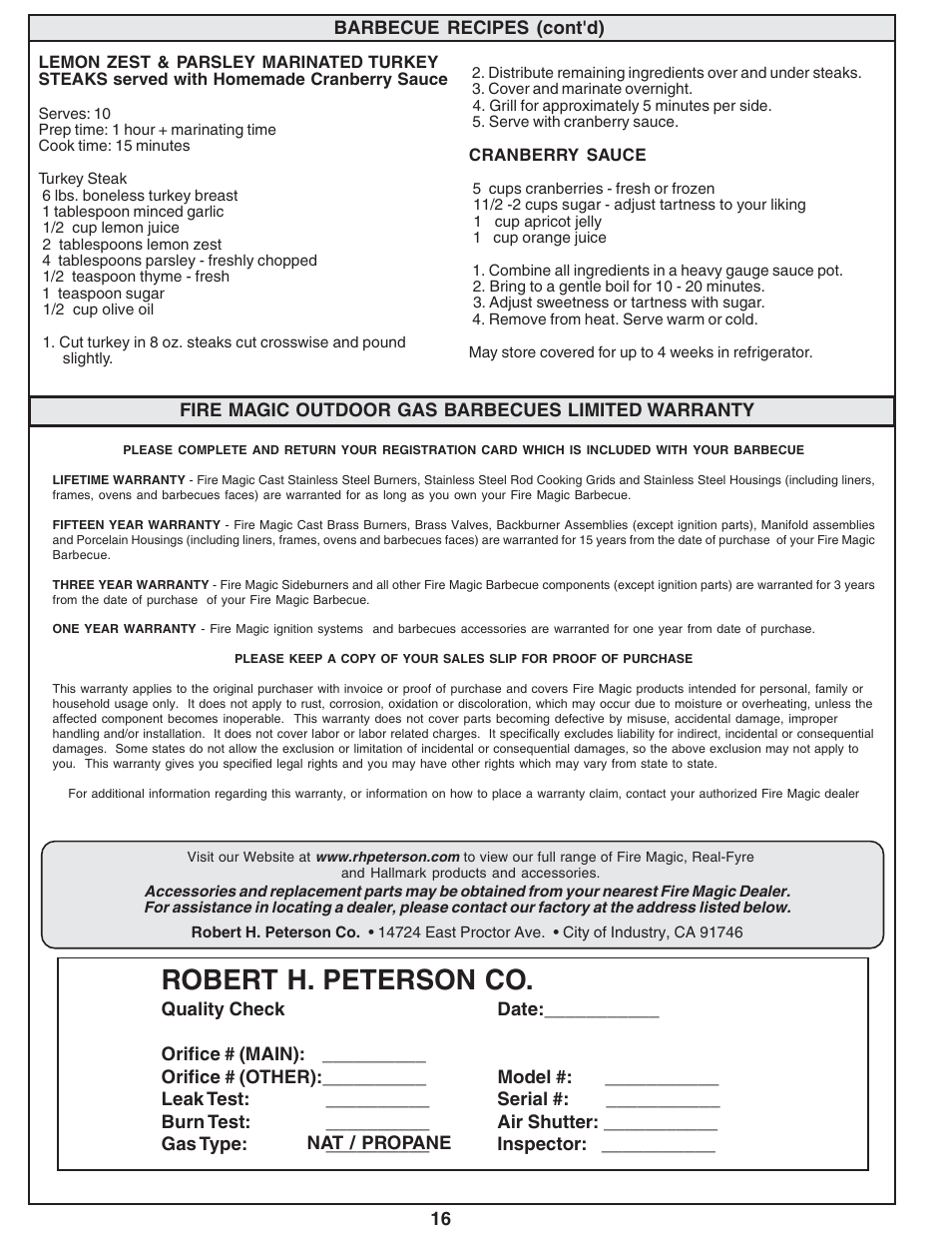 Robert h. peterson co | Fire Magic Custom Gourmet Unibody Series 12 & 13 User Manual | Page 16 / 16