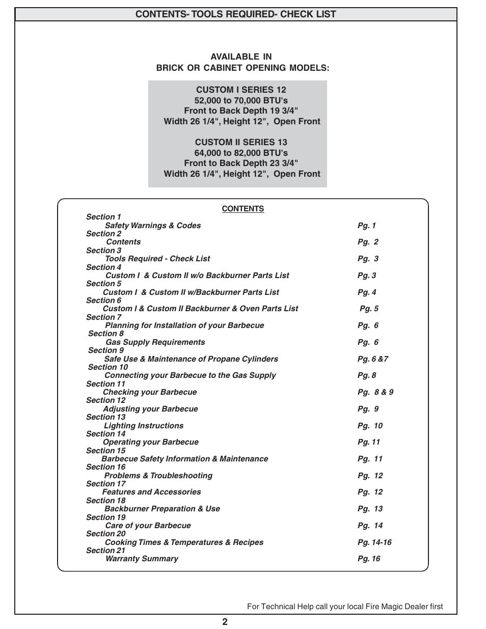 Fire Magic Custom Gourmet Unibody Series 12 & 13 User Manual | Page 2 / 16