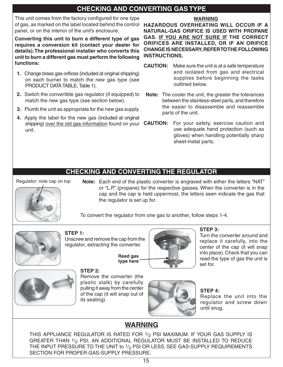 Warning, Checking and converting gas type, Checking and converting the regulator | Fire Magic Regal I 34 series Drop In User Manual | Page 15 / 26