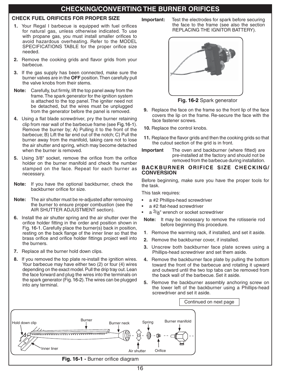 Checking/converting the burner orifices | Fire Magic Regal I 34 series Drop In User Manual | Page 16 / 26