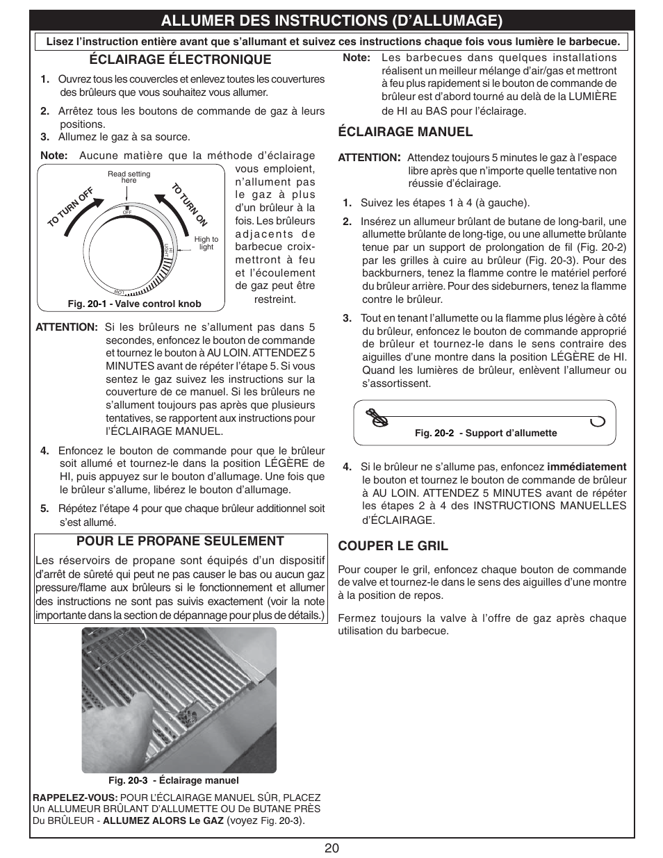 Allumer des instructions (d’allumage), 20 éclairage électronique, Pour le propane seulement | Éclairage manuel, Couper le gril | Fire Magic Regal I 34 series Drop In User Manual | Page 20 / 26