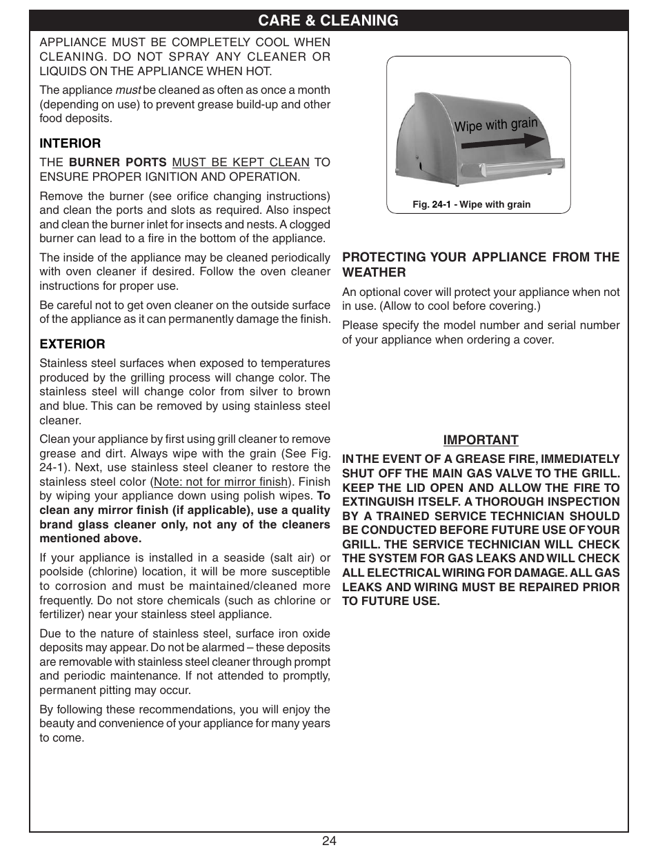 Care & cleaning | Fire Magic Regal I 34 series Drop In User Manual | Page 24 / 26