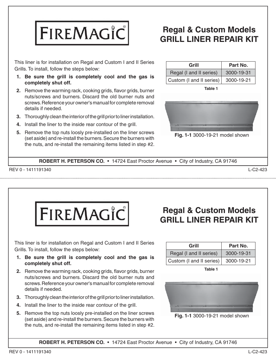 Fire Magic Regal and Custom Grill Liner Repair Kit User Manual | 1 page