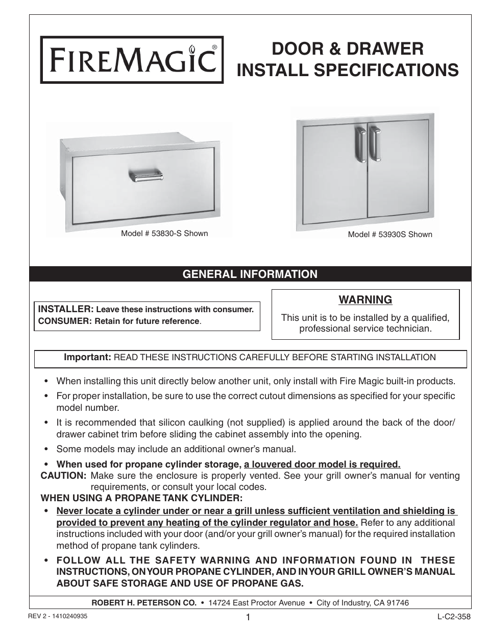 Fire Magic 53830-S Door and Drawer Common Instructions User Manual | 12 pages