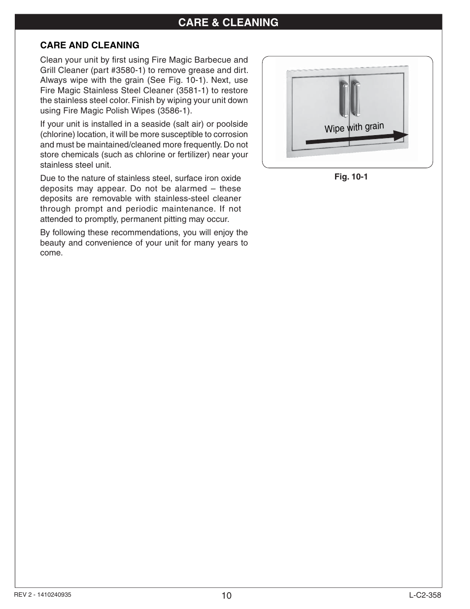 Care & cleaning | Fire Magic 53830-S Door and Drawer Common Instructions User Manual | Page 10 / 12