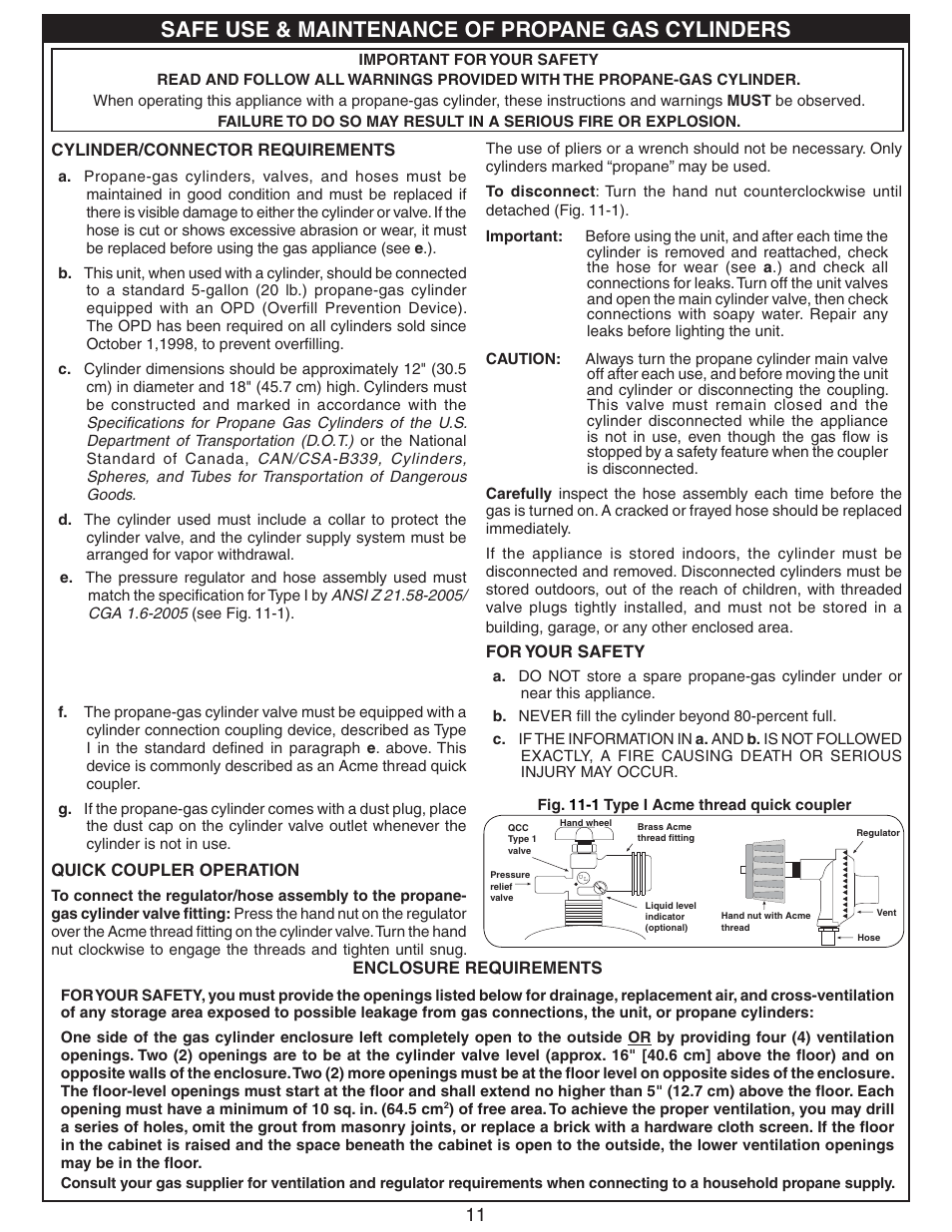 Safe use & maintenance of propane gas cylinders | Fire Magic 53830-S Door and Drawer Common Instructions User Manual | Page 11 / 12