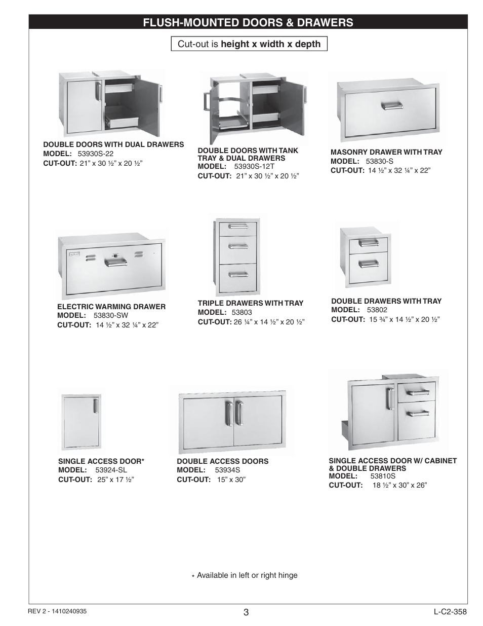 Flush-mounted doors & drawers, Cut-out is height x width x depth | Fire Magic 53830-S Door and Drawer Common Instructions User Manual | Page 3 / 12