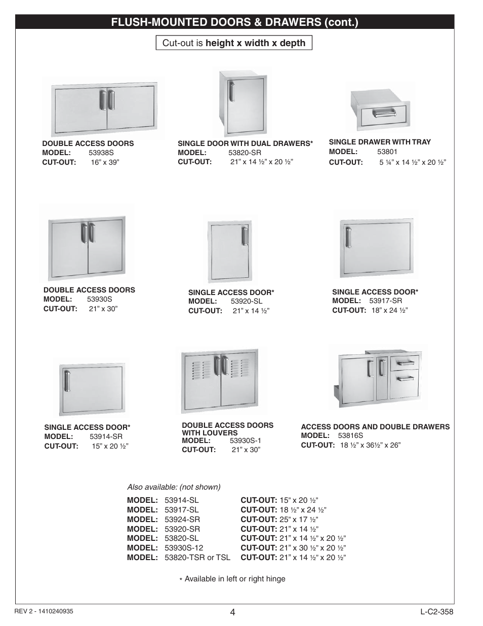 Flush-mounted doors & drawers (cont.), Cut-out is height x width x depth | Fire Magic 53830-S Door and Drawer Common Instructions User Manual | Page 4 / 12