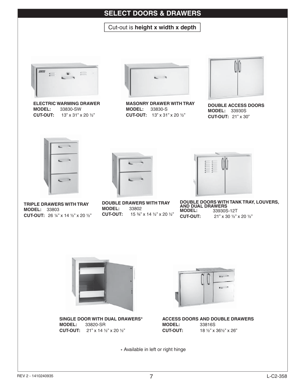 Select doors & drawers, Cut-out is height x width x depth | Fire Magic 53830-S Door and Drawer Common Instructions User Manual | Page 7 / 12