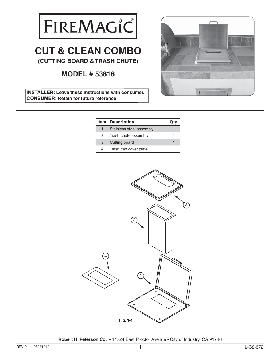 Fire Magic 53816 Cut & Clean Combo (Cutting Board & Trash Chute) User Manual | 4 pages