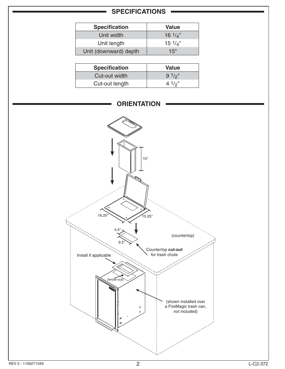 Orientation, Specifications | Fire Magic 53816 Cut & Clean Combo (Cutting Board & Trash Chute) User Manual | Page 2 / 4