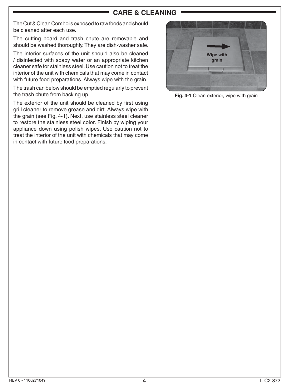 Care & cleaning | Fire Magic 53816 Cut & Clean Combo (Cutting Board & Trash Chute) User Manual | Page 4 / 4
