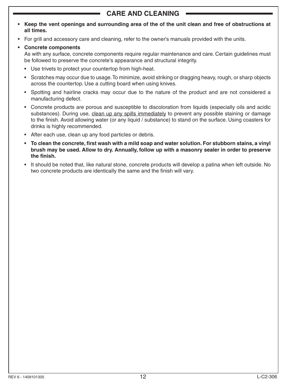 Care and cleaning | Fire Magic DC430-XXR-75SM Island Enclosure User Manual | Page 12 / 12