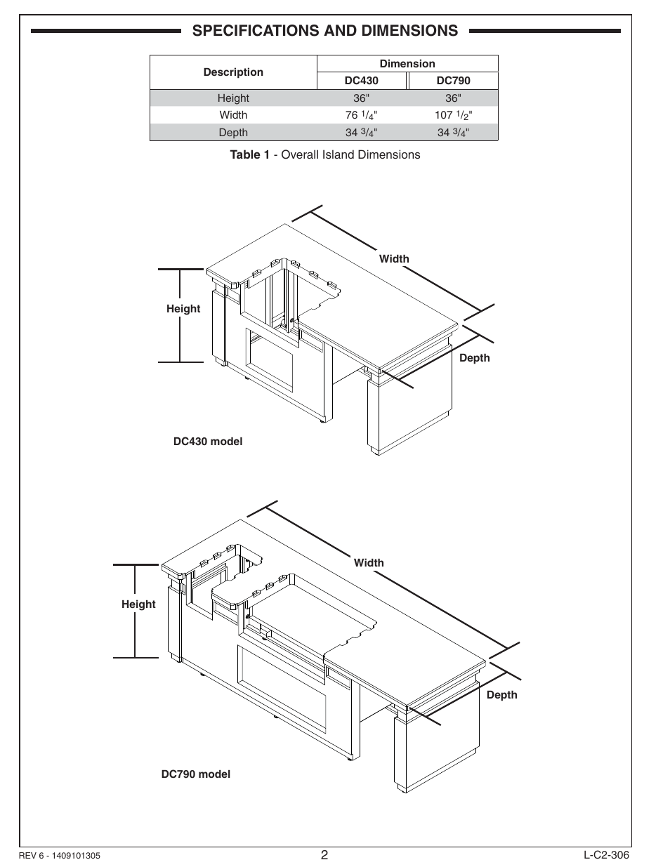 Specifications and dimensions | Fire Magic DC430-XXR-75SM Island Enclosure User Manual | Page 2 / 12