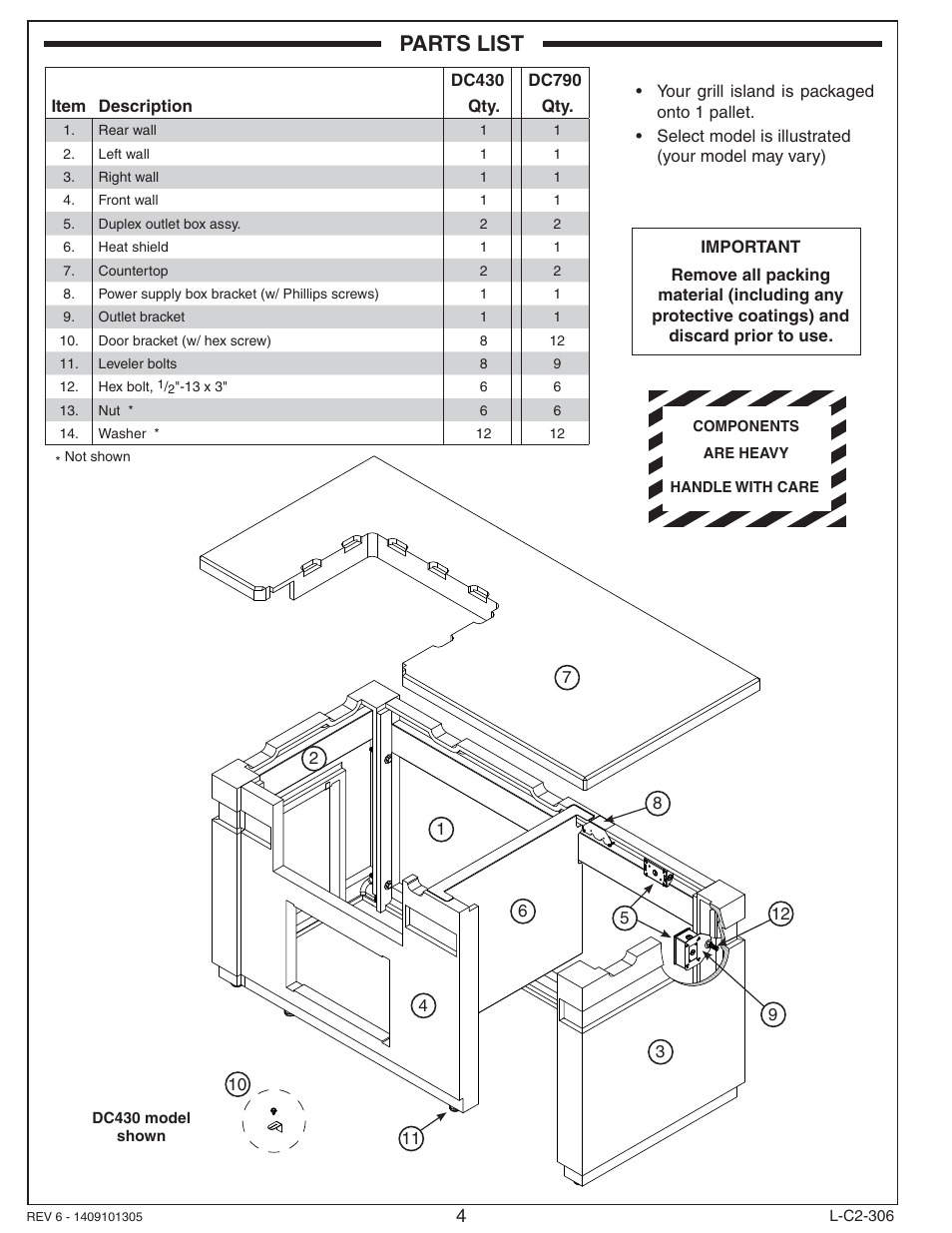 Parts list | Fire Magic DC430-XXR-75SM Island Enclosure User Manual | Page 4 / 12