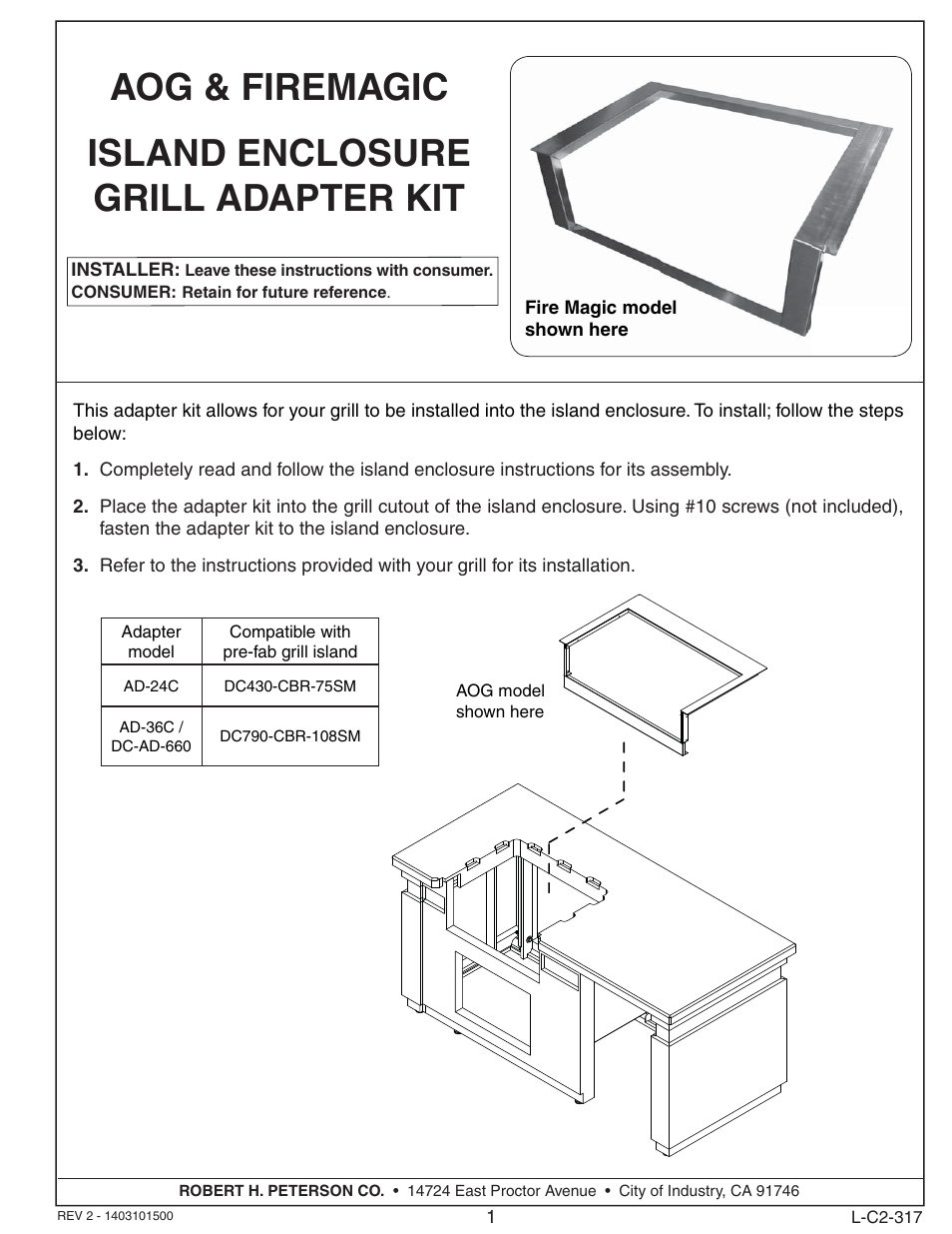 Fire Magic AD-24C Island Enclosure Adapter Kit User Manual | 1 page