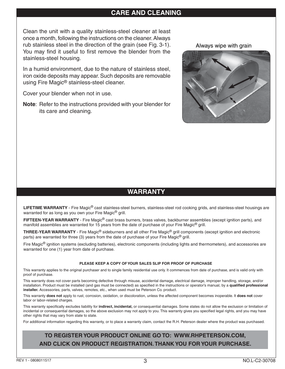 Care and cleaning, Warranty, Always wipe with grain fig. 3-1 | Fire Magic Island Blender User Manual | Page 3 / 4
