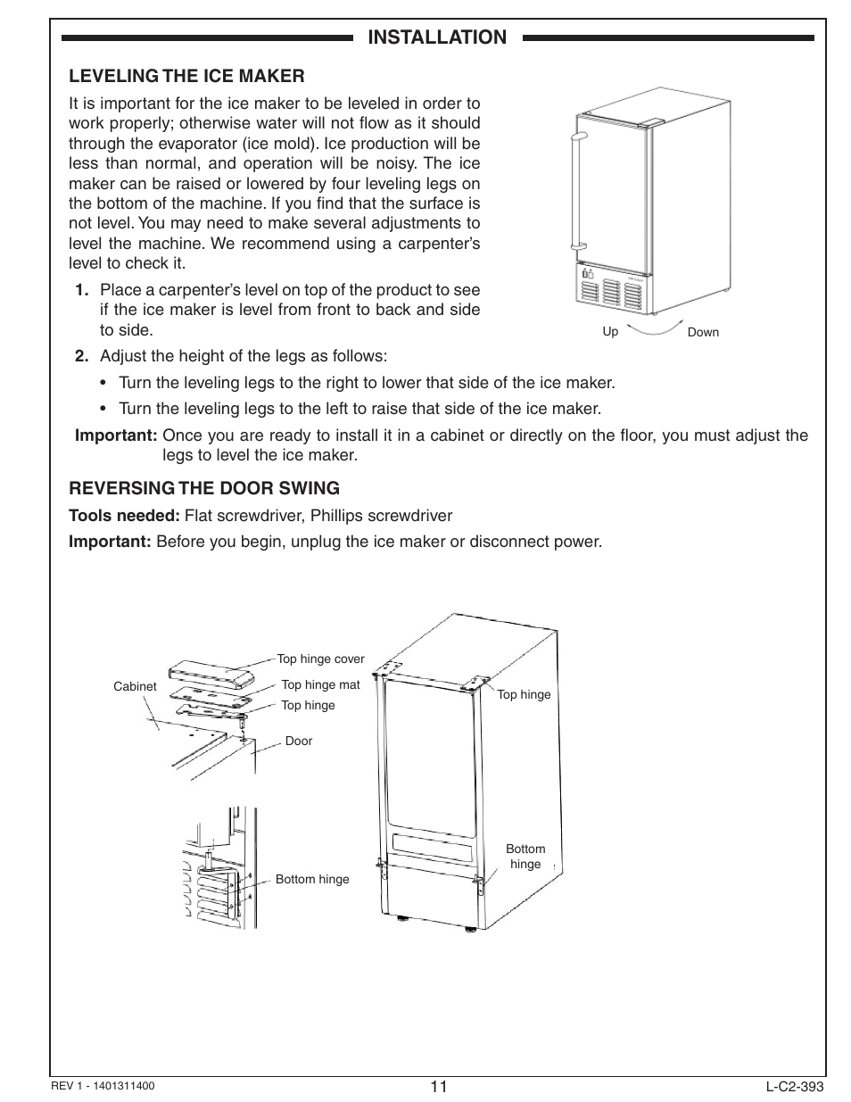 Installation, Leveling the ice maker, Reversing the door swing | Fire Magic 3593 New Ice Maker User Manual | Page 11 / 28