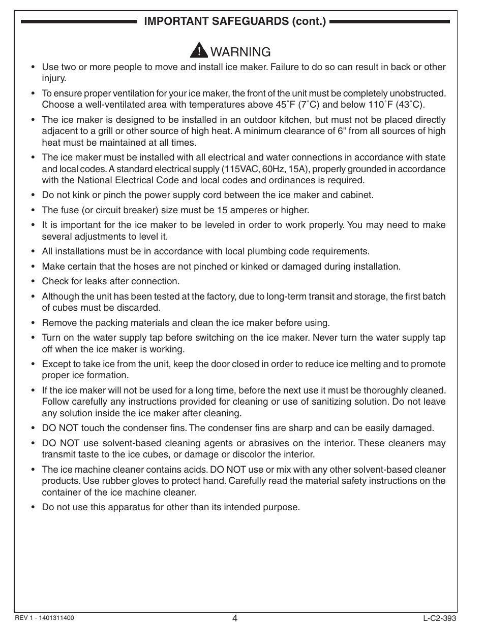 Warning | Fire Magic 3593 New Ice Maker User Manual | Page 4 / 28