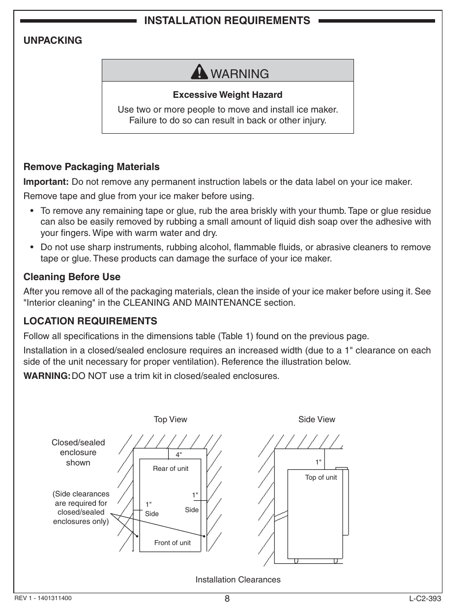 Warning, Installation requirements | Fire Magic 3593 New Ice Maker User Manual | Page 8 / 28
