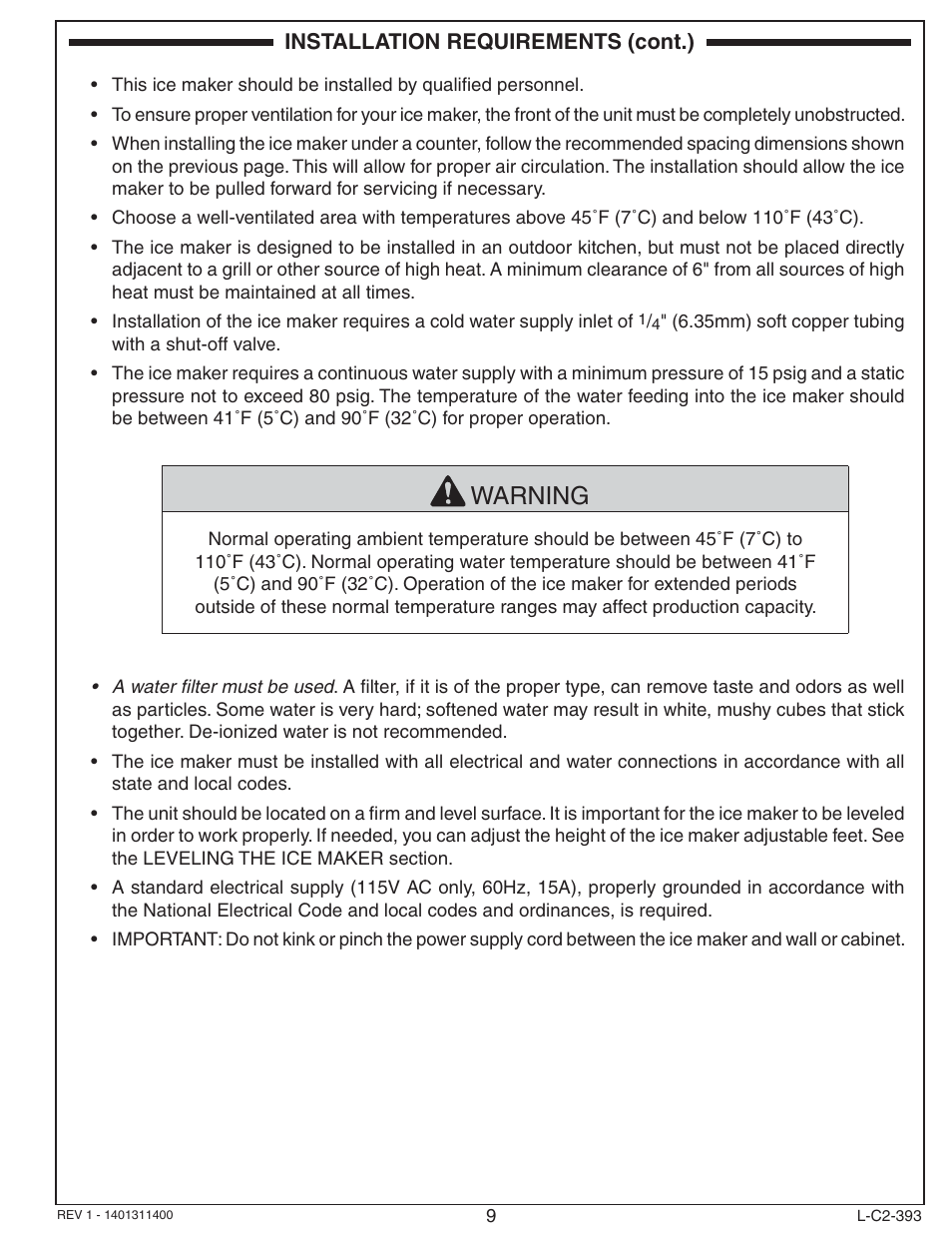 Warning | Fire Magic 3593 New Ice Maker User Manual | Page 9 / 28