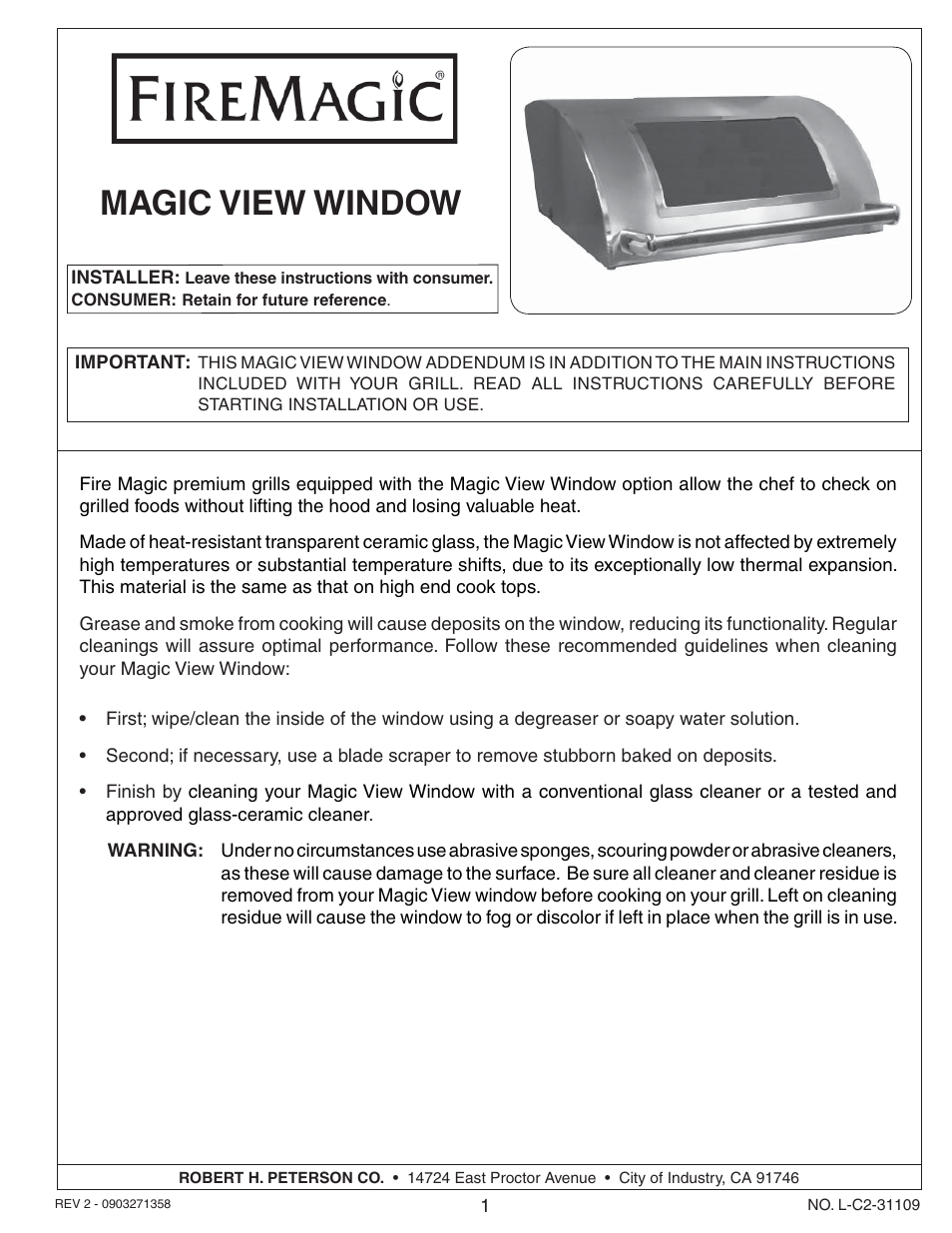 Fire Magic Magic View Window Addendum User Manual | 1 page