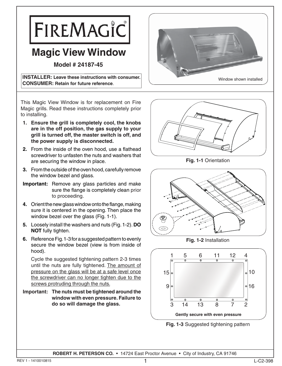 Fire Magic 24187-45 Magic View Window Replacement User Manual | 1 page