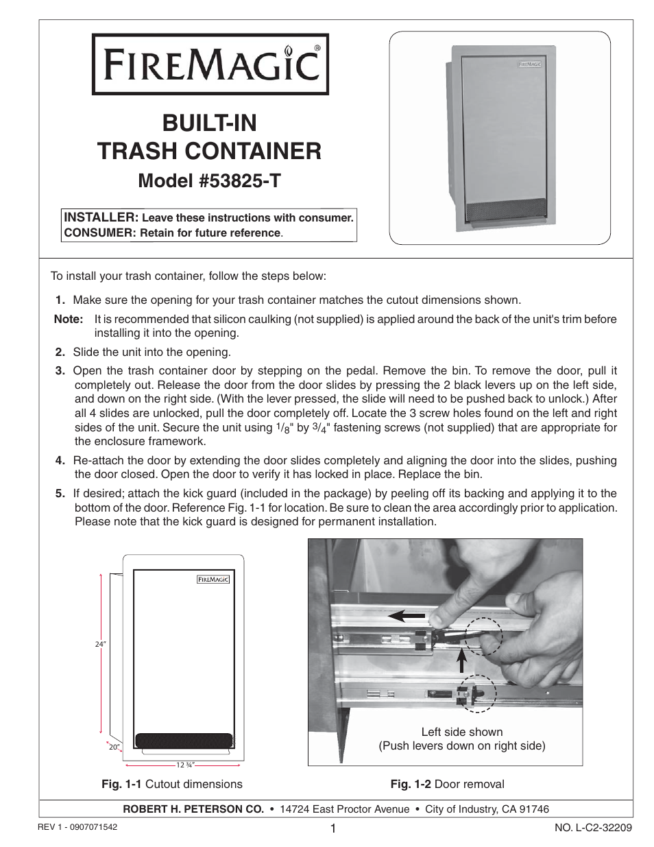 Fire Magic 53825-T Built-in Trash Container User Manual | 1 page