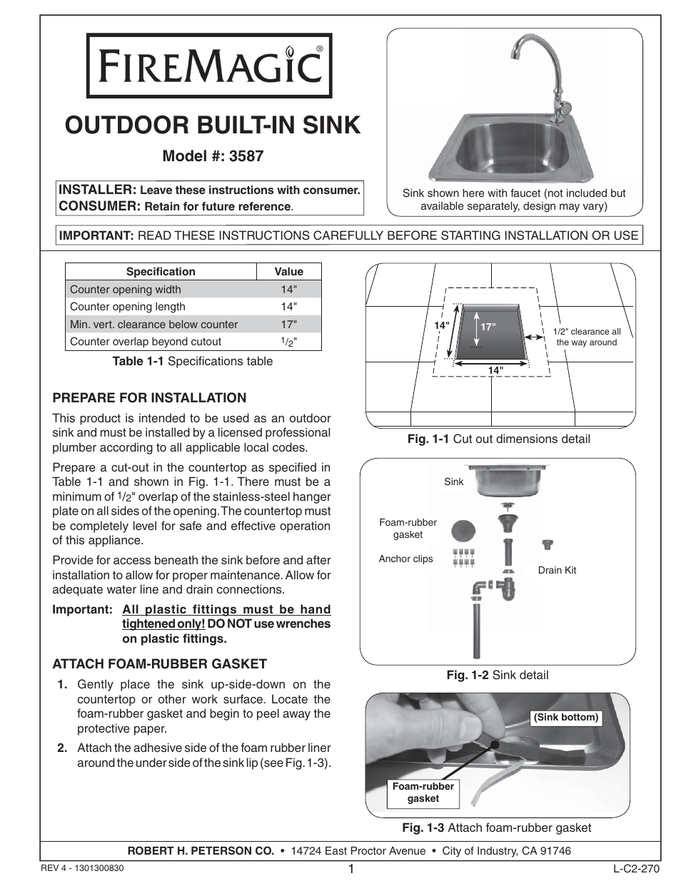 Fire Magic 3587 Sink User Manual | 4 pages