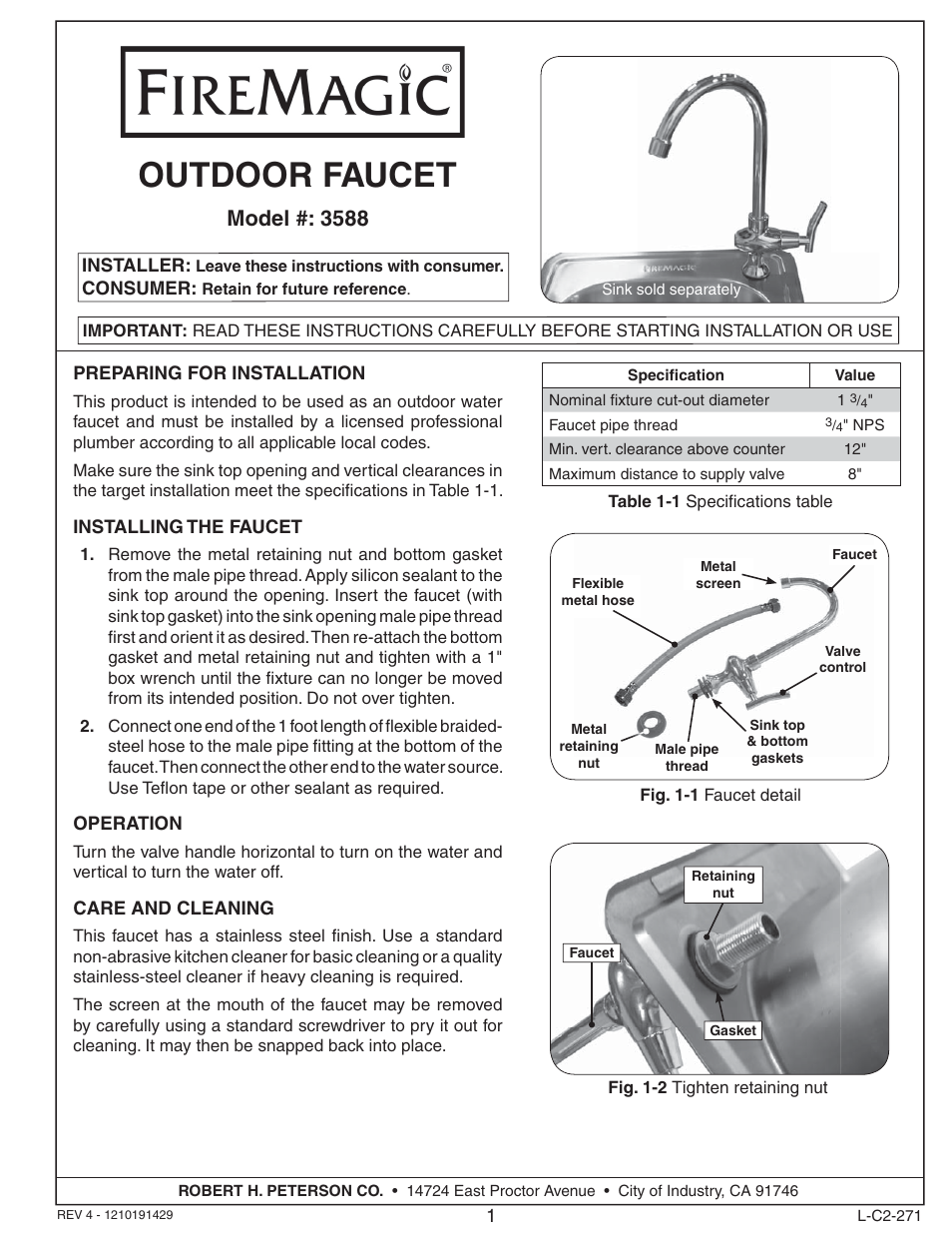 Fire Magic 3588 Faucet User Manual | 1 page